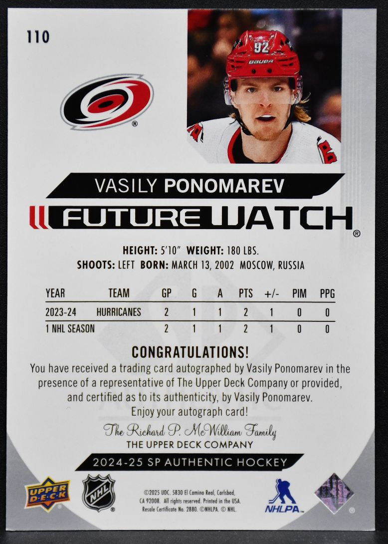 24-25 SP Authentic Future Watch Auto Vasily Ponomarev 110 Hurricanes RC /999 5815
