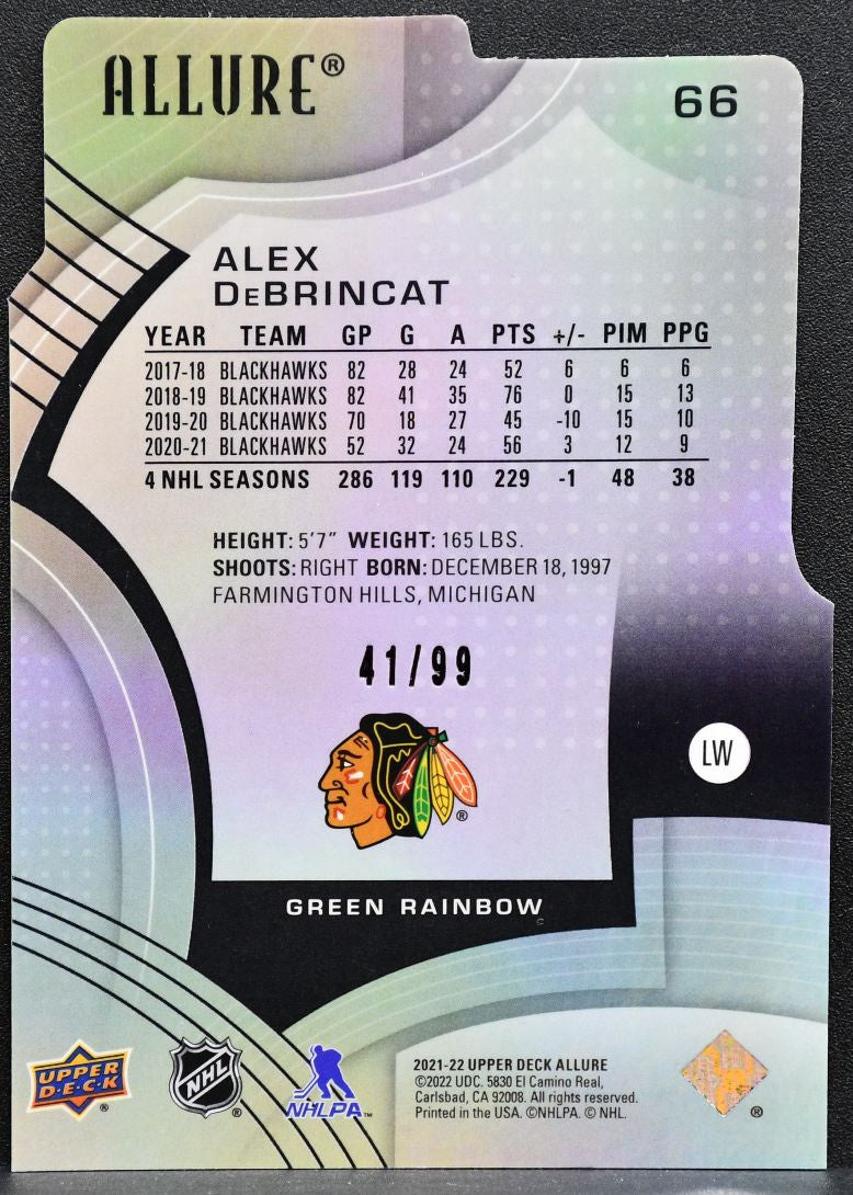 2021-22 UD Allure Green Rainbow Die Cut Alex DeBrincat 66 Blackhawks 41/99 0467