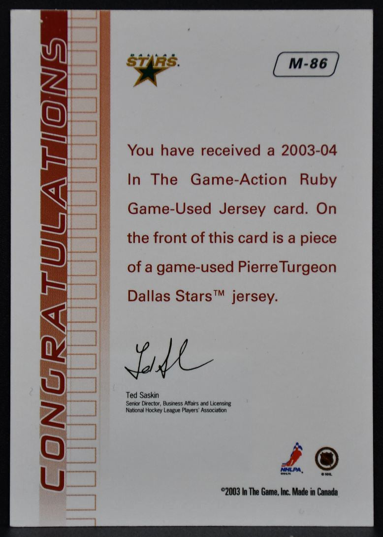 2003-04 In The Game Action Ruby Jerseys Pierre Turgeon M-86 Dallas Stars Jersey 7078