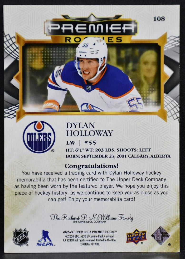 2022-23 UD Premier RC Patch Gold Dylan Holloway 108 Edmonton Oilers RC Patch 6614