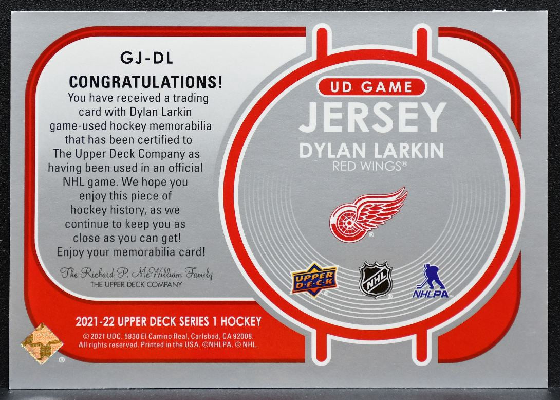 2021-22 UD Series 1 UD Game Jersey Dylan Larkin GJ-DL Red Wings Jersey 2515