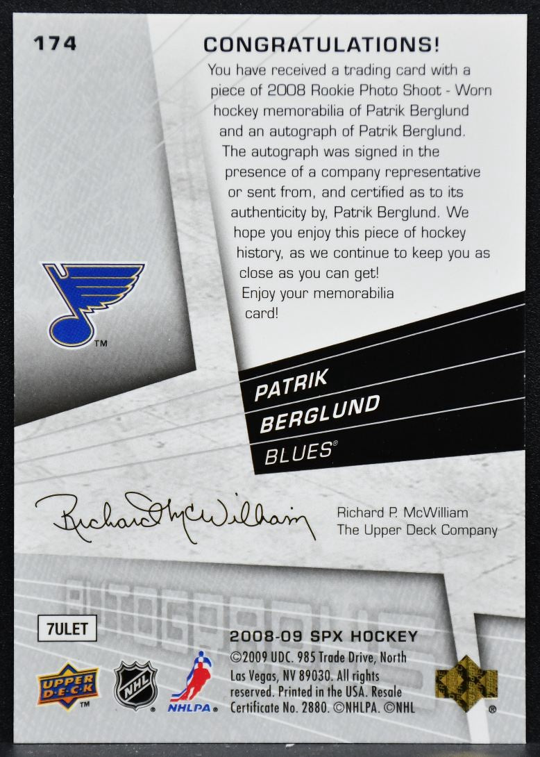 2008-09 SPx Rookies Autographs Patrik Berglund 174 RC Auto 695/999 Jersey 3986