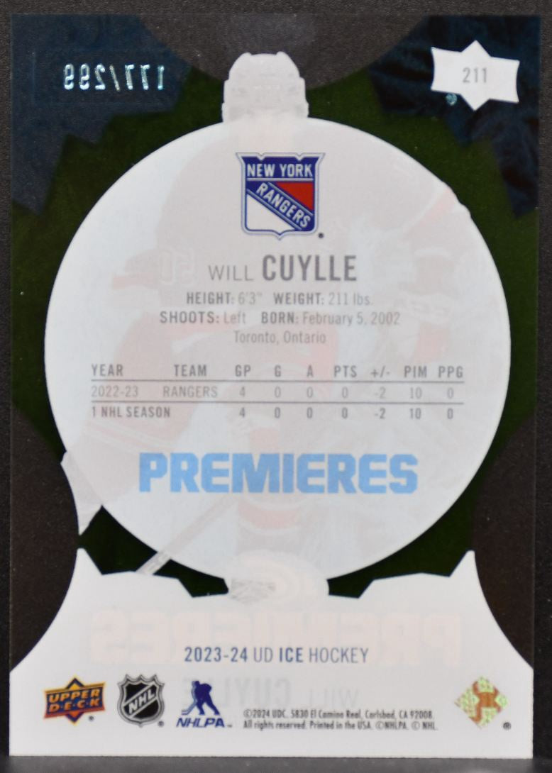 2023-24 UD Ice Premieres Green Will Cuylle 211 New York Rangers RC 177/299 9028