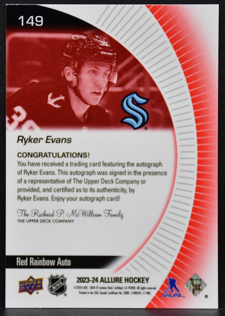 2023-24 UD Allure Red Rainbow Auto Ryker Evans 149 Seattle Kraken RC Auto