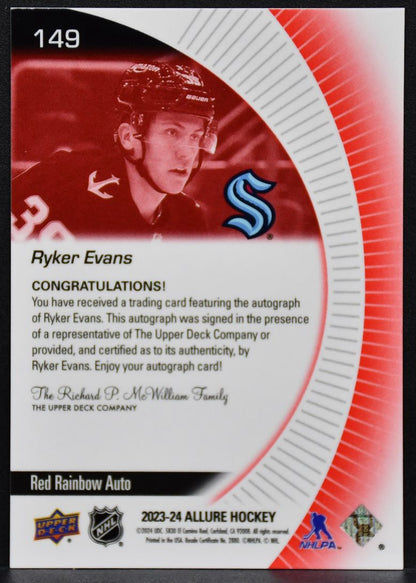 2023-24 UD Allure Red Rainbow Auto Ryker Evans 149 Seattle Kraken RC Auto
