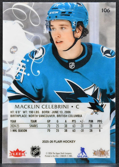 2025-26 Flair Macklin Celebrini 106 San Jose Sharks 5527