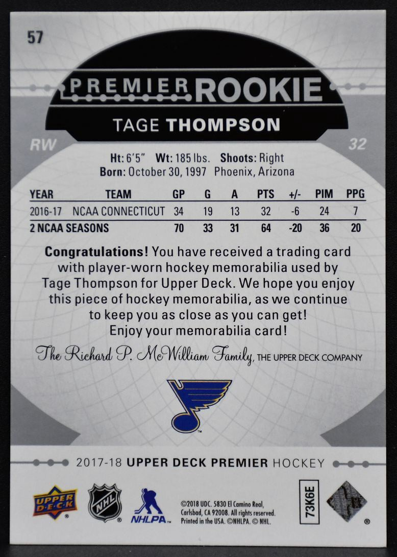 2017-18 UD Premier Rookie Jersey Tage Thompson 57 St. Louis Blues RC Jersey 4305