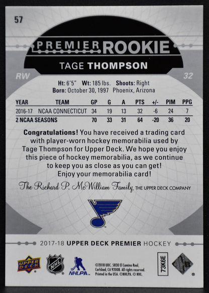 2017-18 UD Premier Rookie Jersey Tage Thompson 57 St. Louis Blues RC Jersey 4305