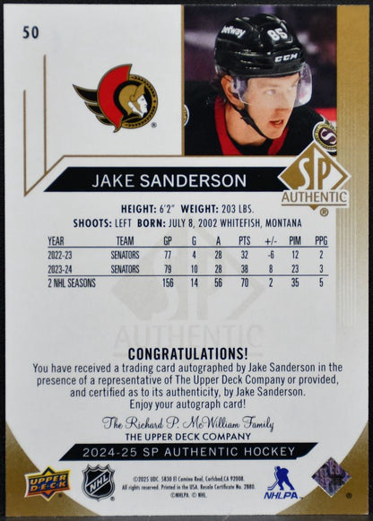 2024-25 SP Authentic Gold Limited Auto Jake Sanderson 50 Senators Auto 5943