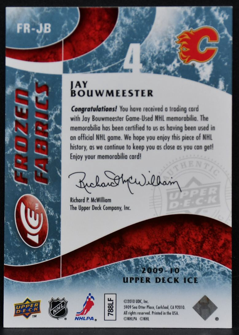 2009-10 Upper Deck Ice Frozen Fabrics Jay Bouwmeester FR-JB Flames Jersey 3572