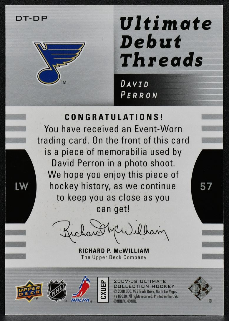 2007-08 UD Ultimate Collection Debut Threads Perron Blues RC 063/200 Jersey 3206