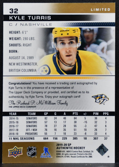 2019-20 SP Authentic Limited Auto Kyle Turris 32 Nashville Predators Auto 3159