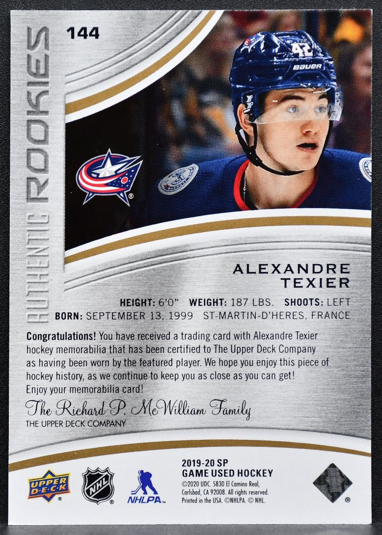 2019-20 SP Game Used Authentic Rookies Gold Alexandre Texier RC Jersey 8399