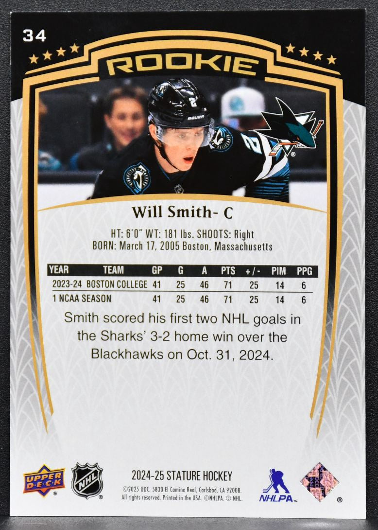 2024-25 Upper Deck Stature Rookie Will Smith 34 San Jose Sharks RC 409/999 4664