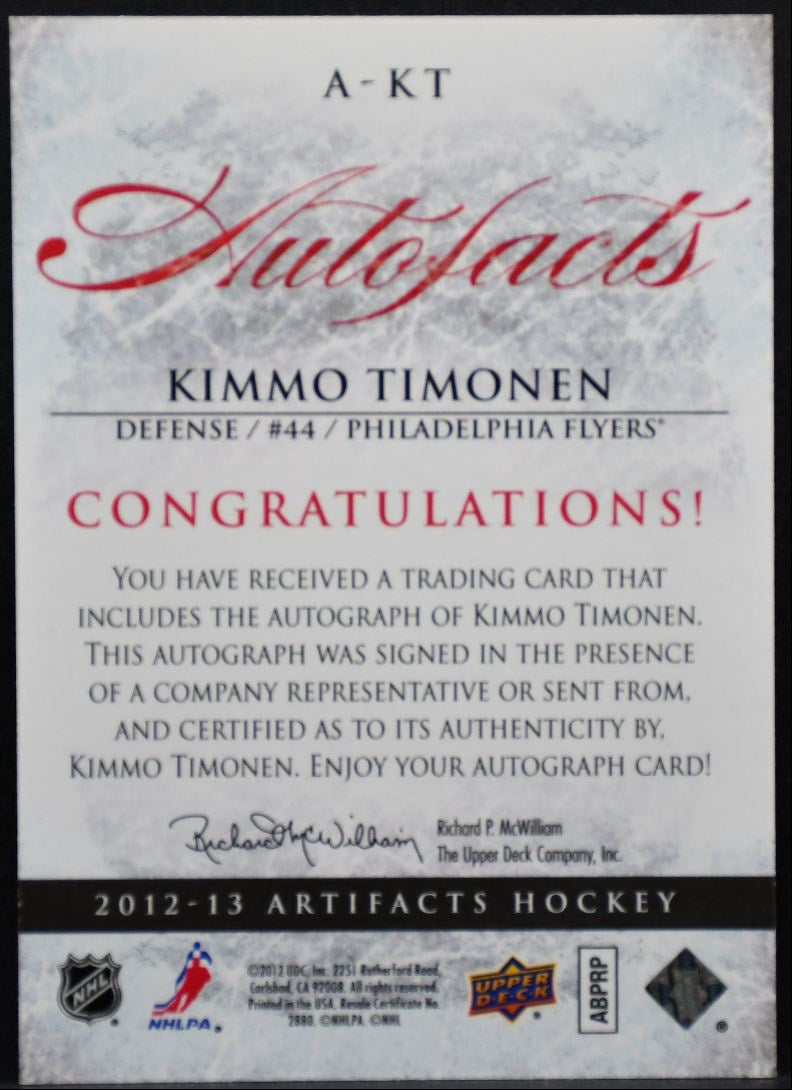 2012-13 Upper Deck Artifacts Autofacts Kimmo Timonen A-KT Flyers Auto 0611