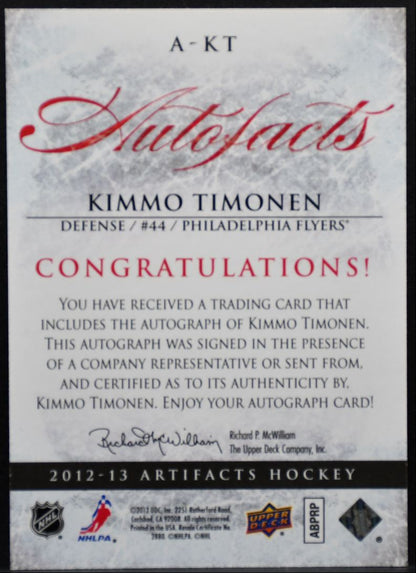 2012-13 Upper Deck Artifacts Autofacts Kimmo Timonen A-KT Flyers Auto 0611