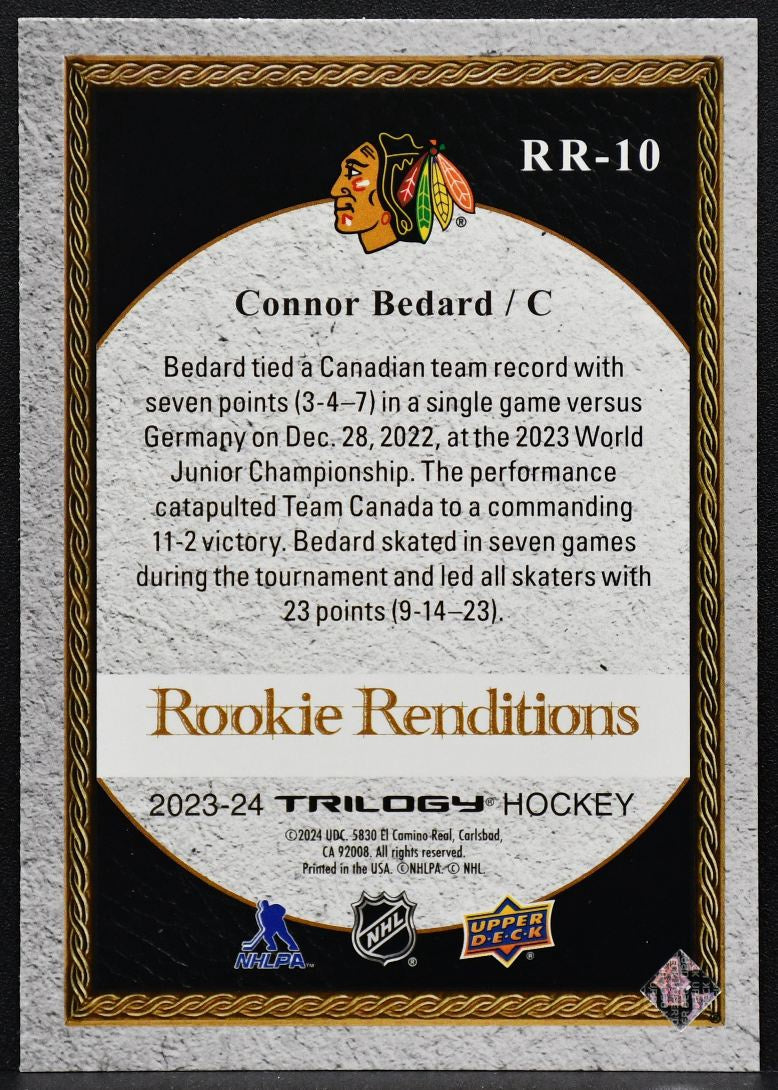 2023-24 UD Trilogy Rookie Renditions Connor Bedard RR-10 Chicago Blackhawks RC 8327
