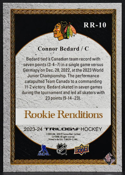 2023-24 UD Trilogy Rookie Renditions Connor Bedard RR-10 Chicago Blackhawks RC 8327