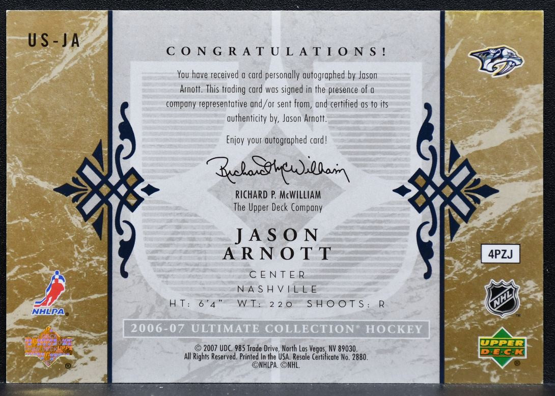 2006-07 UD Ultimate Collection Signatures Jason Arnott Predators Auto 9280