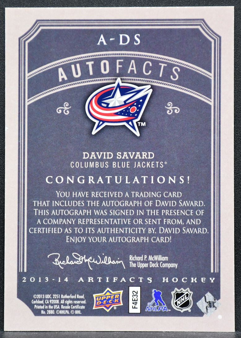 2013-14 UD Artifacts Autofacts David Savard A-DS Columbus Blue Jackets Auto