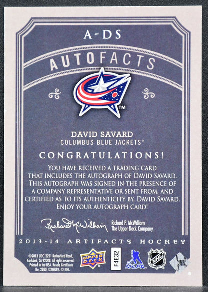 2013-14 UD Artifacts Autofacts David Savard A-DS Columbus Blue Jackets Auto