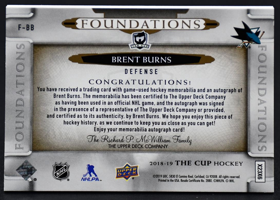 2018-19 UD The Cup Foundations Brent Burns F-BB Auto 15/15 Jersey