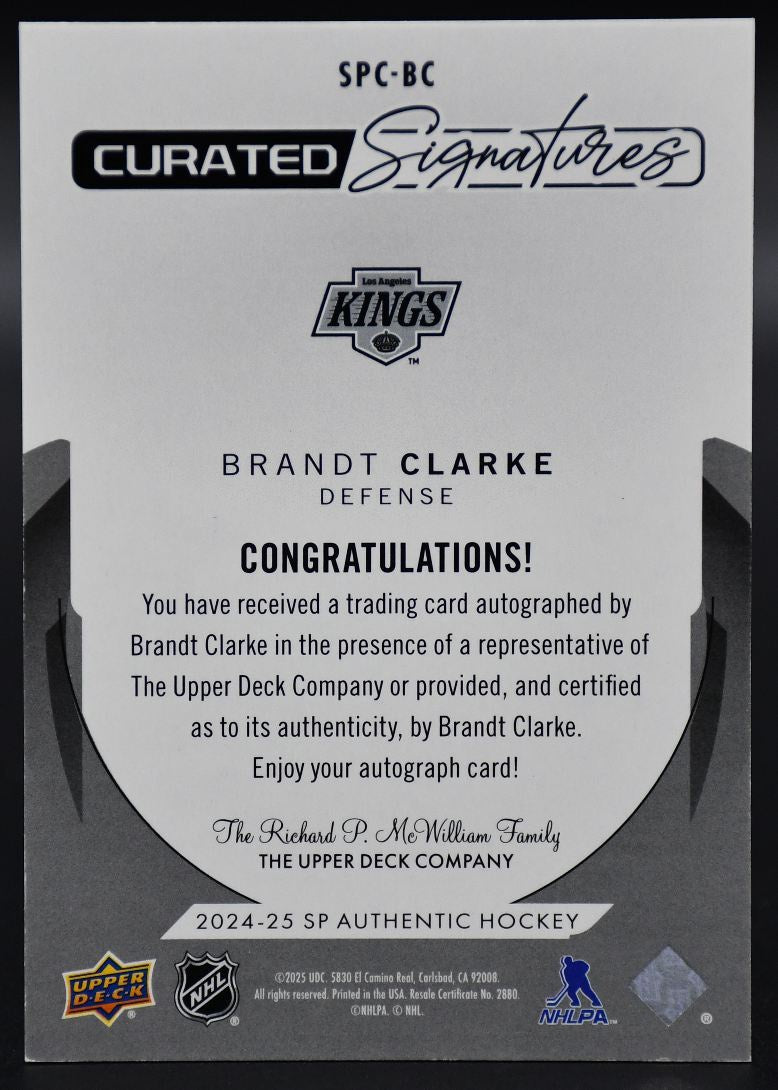2024-25 SP Authentic Brandt Clarke SPC-BC Los Angeles Kings Auto 247/299