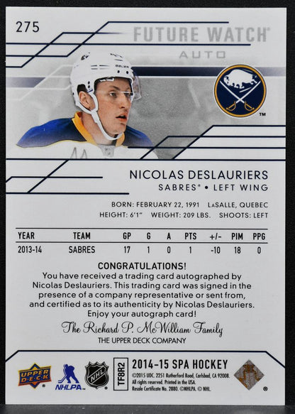 2014-15 SP Authentic Future Watch Auto Nicolas Deslauriers Sabres RC Auto 9228