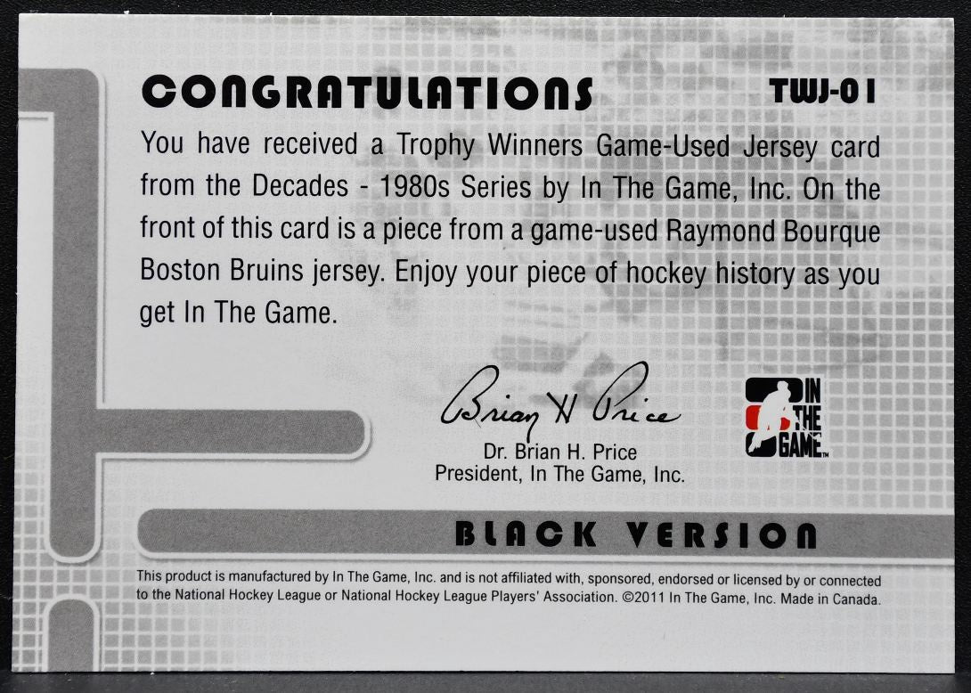 2011-12 ITG Decades 80s Trophy Winners Black Version Bourque Bruins Jersey 5609