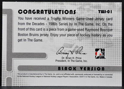 2011-12 ITG Decades 80s Trophy Winners Black Version Bourque Bruins Jersey 5609