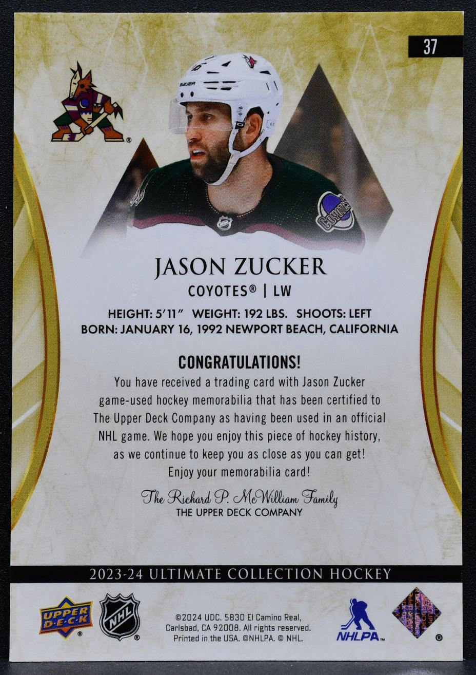 2023-24 UD Ultimate Collection Jumbo Jersey Jason Zucker Coyotes Jersey 3376