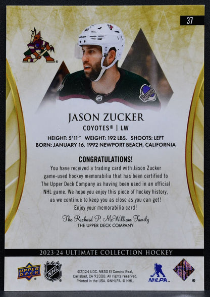 2023-24 UD Ultimate Collection Jumbo Jersey Jason Zucker Coyotes Jersey 3376