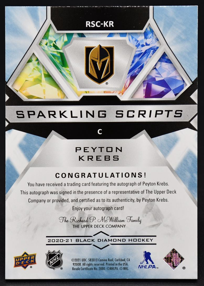 2020-21 UD Black Diamond Sparkling Scripts Peyton Krebs RSC-KR Auto