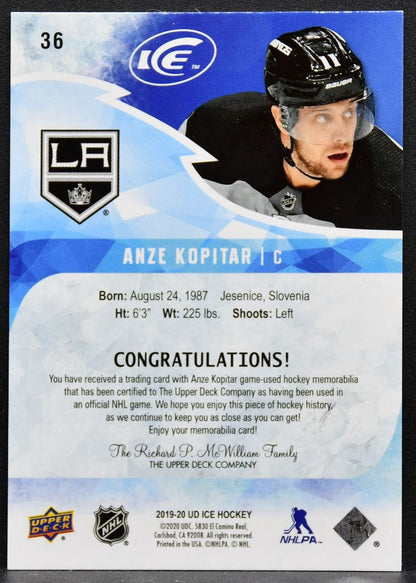 2019-20 Upper Deck Ice Jersey Anze Kopitar 36 Los Angeles Kings Jersey 1924