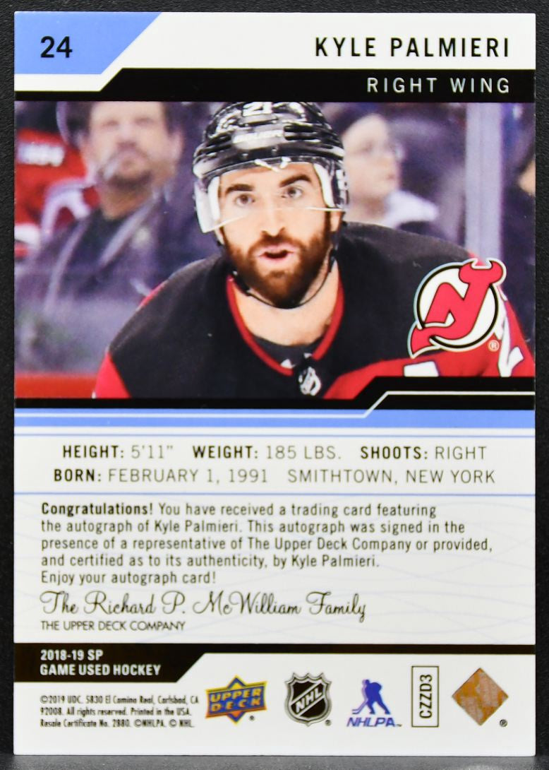 2019-20 Upper Deck Game Used Kyle Palmieri 24 New Jersey Devils Auto 1062