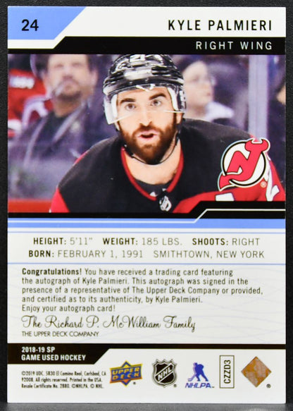 2019-20 Upper Deck Game Used Kyle Palmieri 24 New Jersey Devils Auto 1062