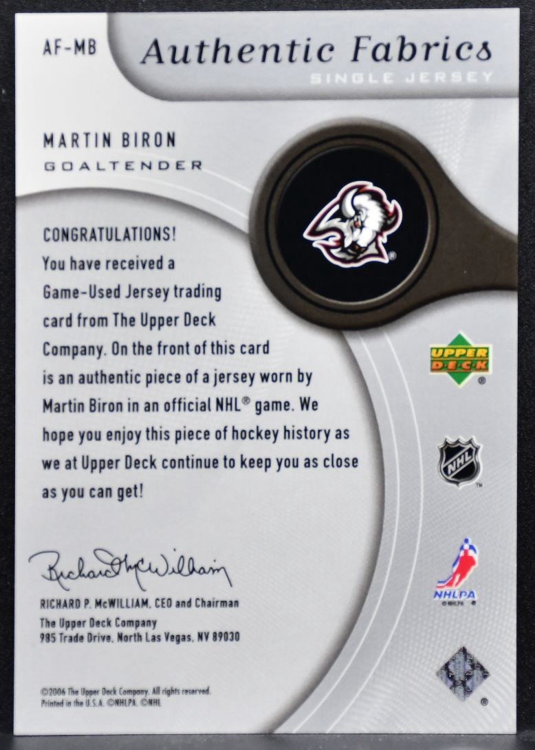 2005-06 SP Game Used Authentic Fabrics Martin Biron Buffalo Sabres Jersey 5818