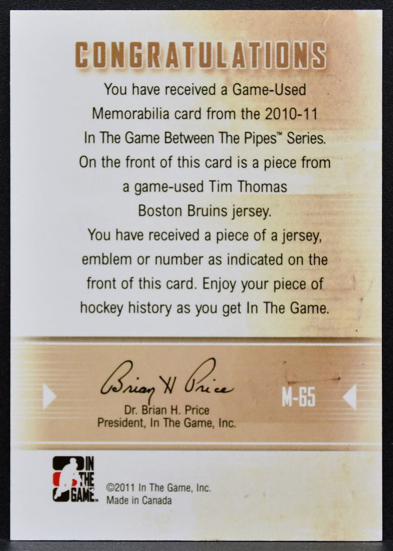 2011-12 In The Game Between Pipes Jersey Black Tim Thomas Bruins Jersey 6395