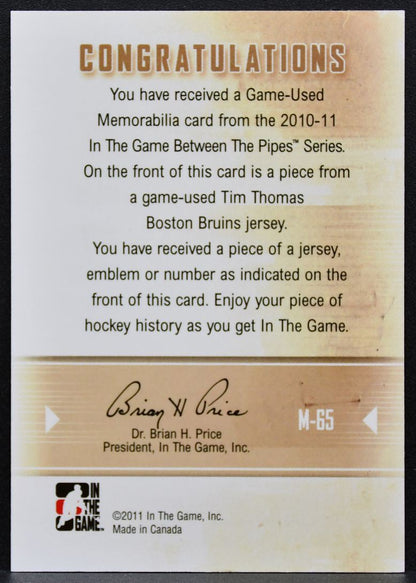 2011-12 In The Game Between Pipes Jersey Black Tim Thomas Bruins Jersey 6395