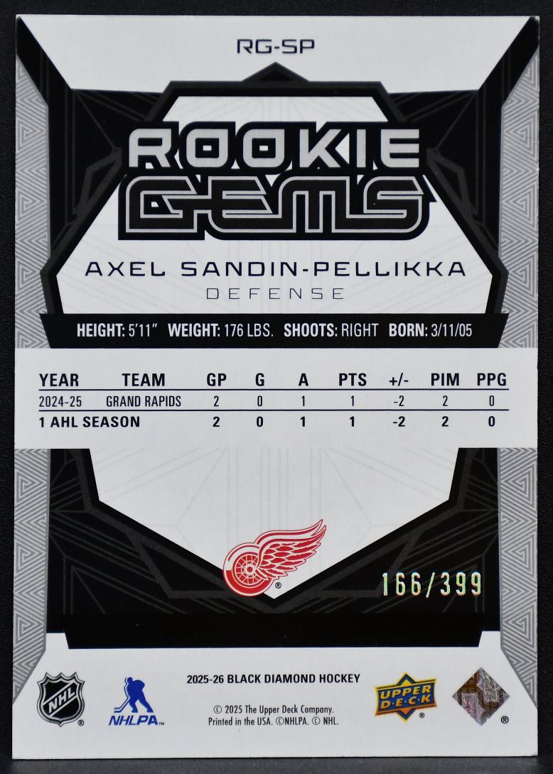 25-26 UD Black Diamond RC Gems Axel Sandin-Pellikka RG-SP Red Wings RC 166/399 1816
