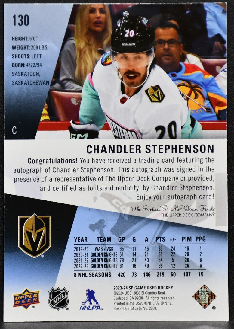 2023-24 SP Game Used Auto Chandler Stephenson 130 Vegas Golden Knights Auto