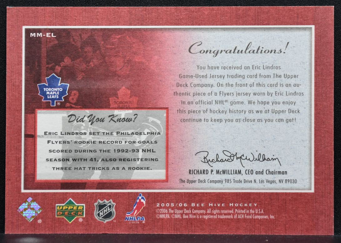 2005-06 UD Beehive Matted Materials Eric Lindros MM-EL Maple Leafs Jersey 0202