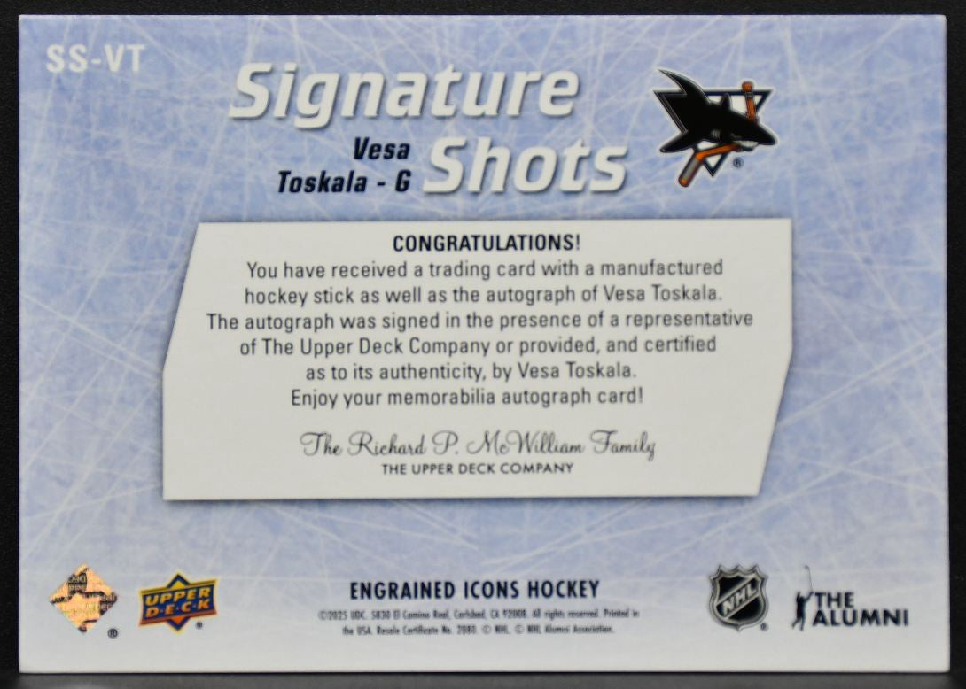 25-26 UD Engrained Icons Signature Shots Vesa Toskala SS-VT Sharks Auto Stick 3155