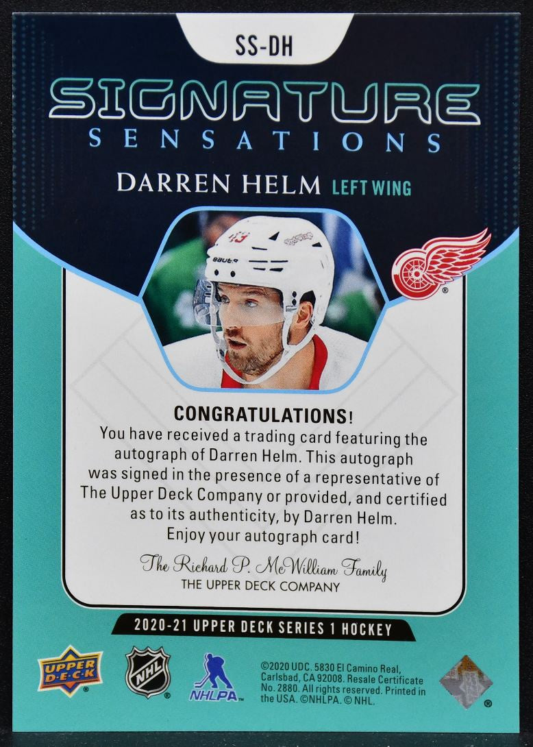 2020-21 UD Series 1 Signature Sensations Darren Helm SS-DH Red Wings Auto 4678