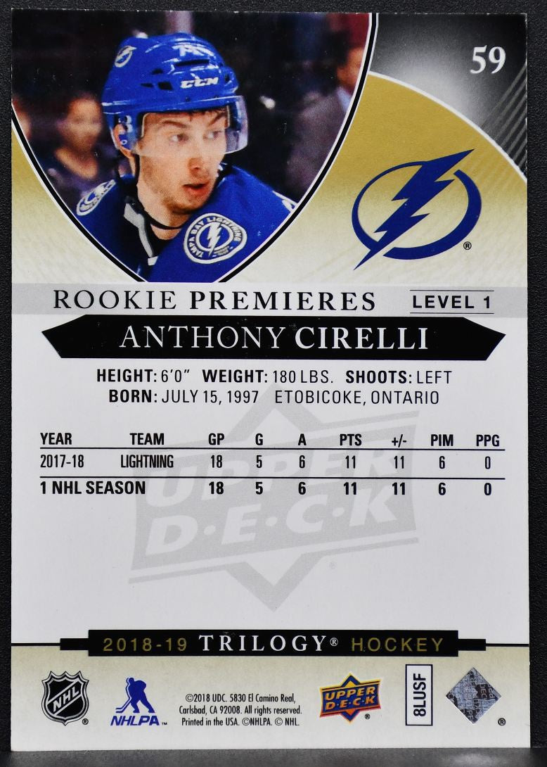 2018-19 UD Trilogy RC Premieres Anthony Cirelli 59 Lightning RC 462/999 5357