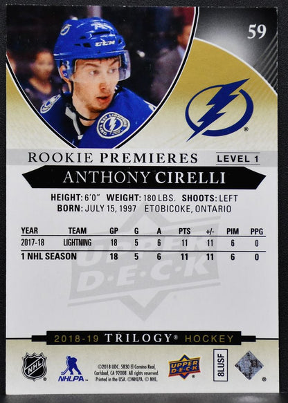 2018-19 UD Trilogy RC Premieres Anthony Cirelli 59 Lightning RC 462/999 5357