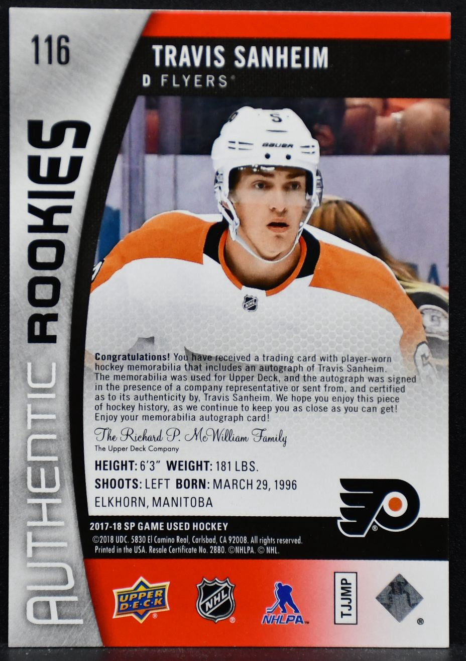 2017-18 SP Game Used Authentic Rookies Jersey Auto Travis Sanheim 116  RC Jersey
