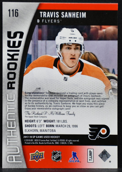2017-18 SP Game Used Authentic Rookies Jersey Auto Travis Sanheim 116  RC Jersey