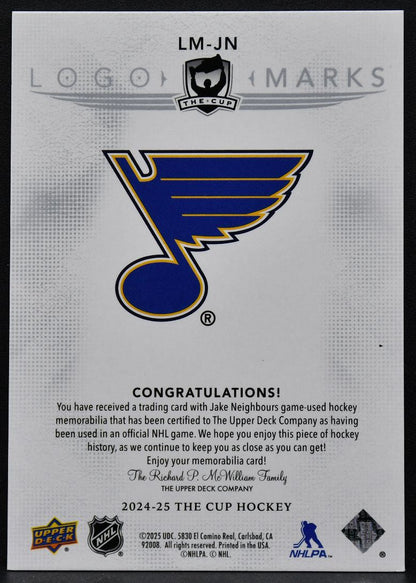 2024-25 UD The Cup Logo Marks Jake Neighbours LM-JN St. Louis Blues 50/99 Jersey 9102