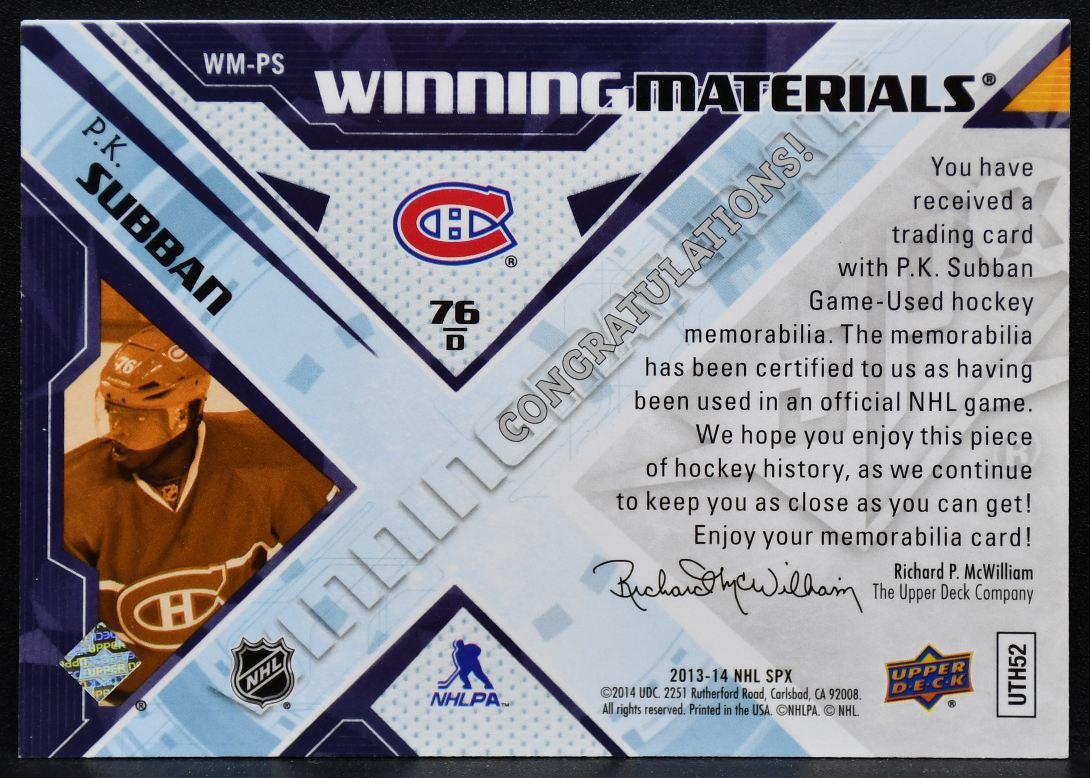 2013-14 SPx Winning Materials P.K. Subban WM-PS Montreal Canadiens Jersey 5453
